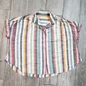 Madewell Hilltop Button Up Short Sleeve Shirt in Rainbow Stripe‎ Cotton Blend